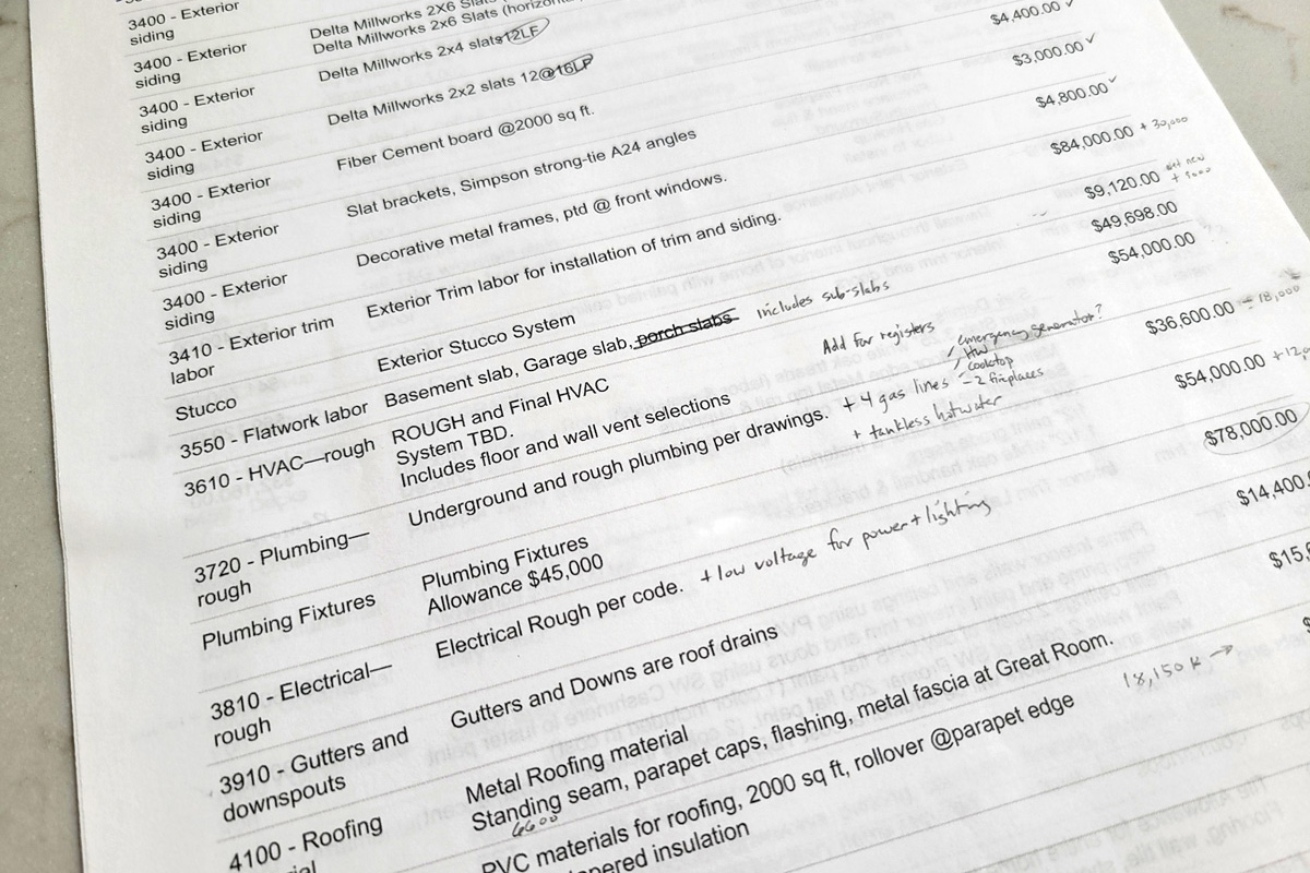 custom-home-cost-estimate itemized list of construction costs for a custom house