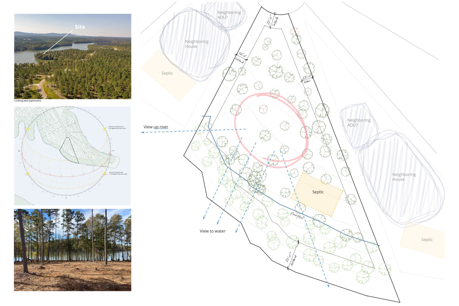 feasibility study for a lake house architectural feasibility study showing house location in relation to neighbors and other site constraints