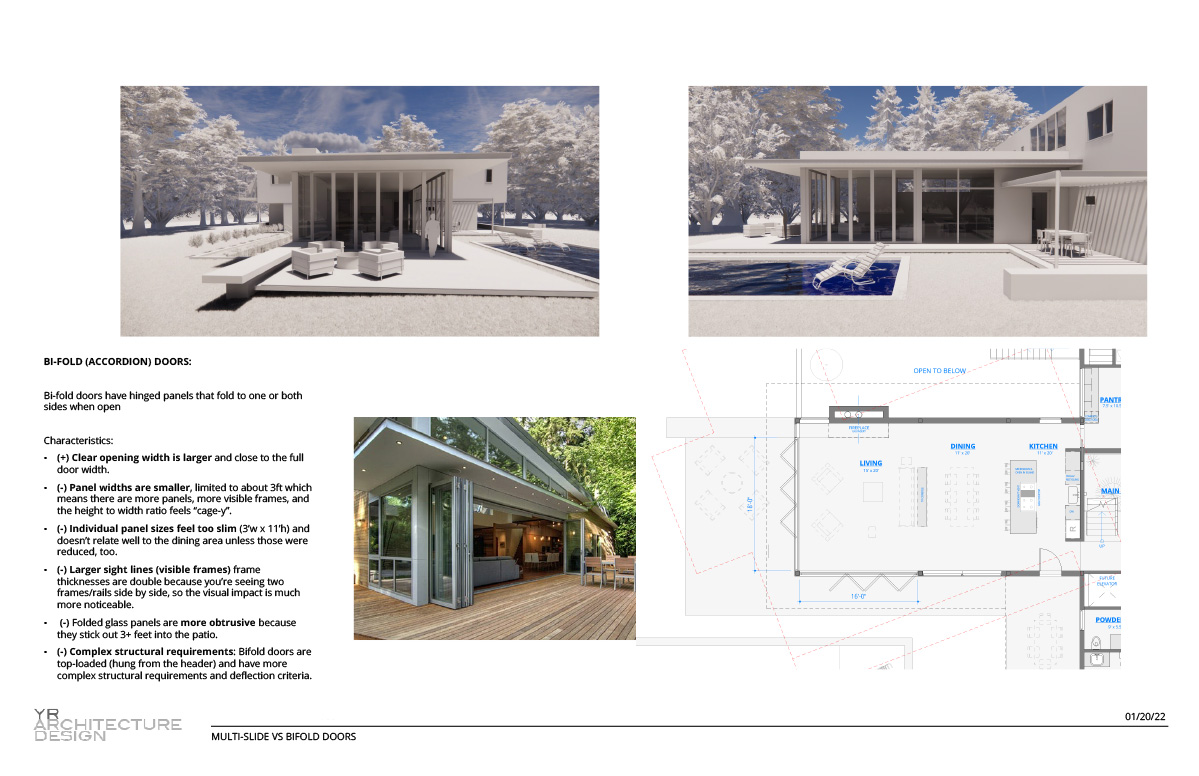 glass door options-bifold doors design option showing custom bi-fold glass doors with a floor plan, 3D visual, and pros and cons