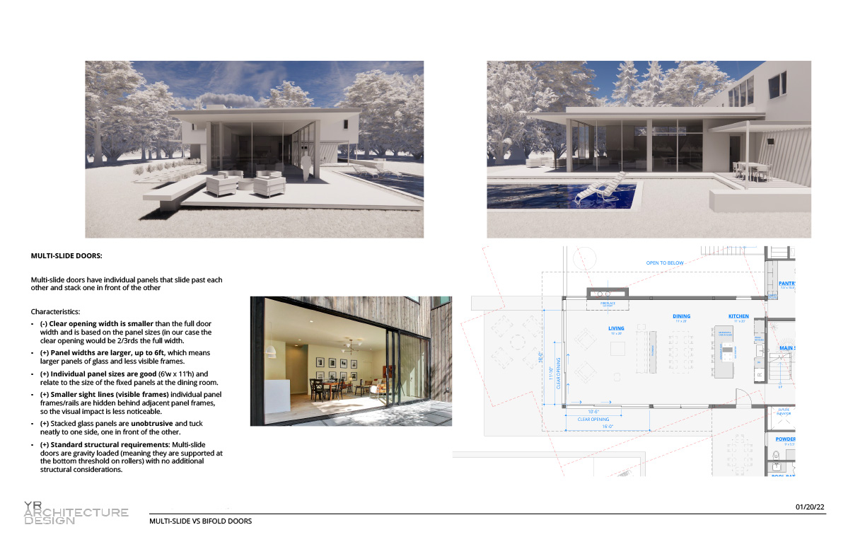 glass door options-sliding doors design option showing custom sliding glass doors with a floor plan, 3D visual, and pros and cons