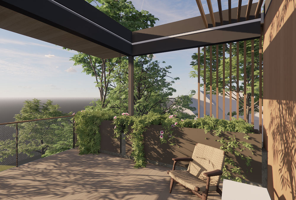 Patio View Rendering of a terrace with planter boxes and trellis