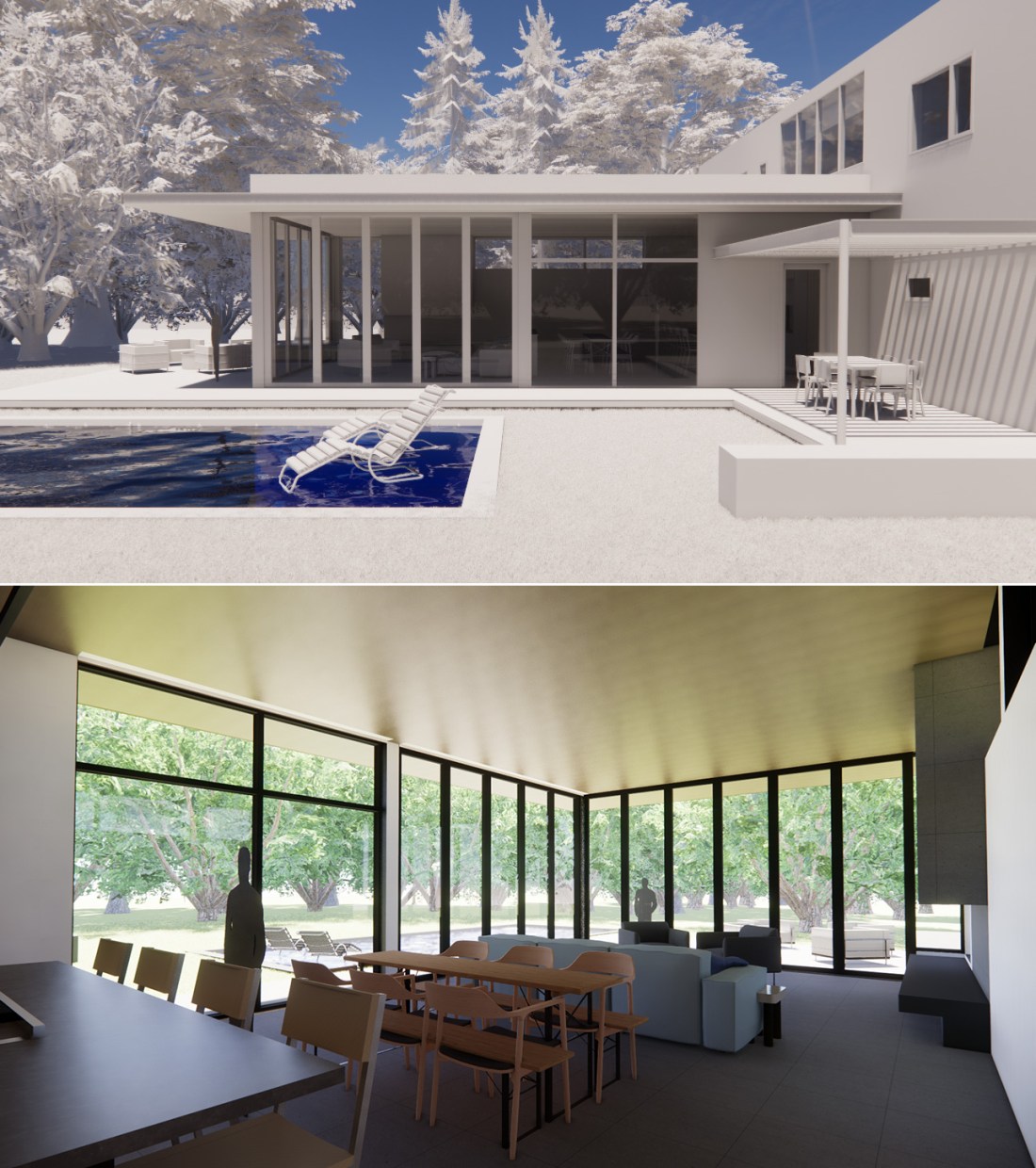 Interior and exterior view of large glass bifold doors and windows in a large great room