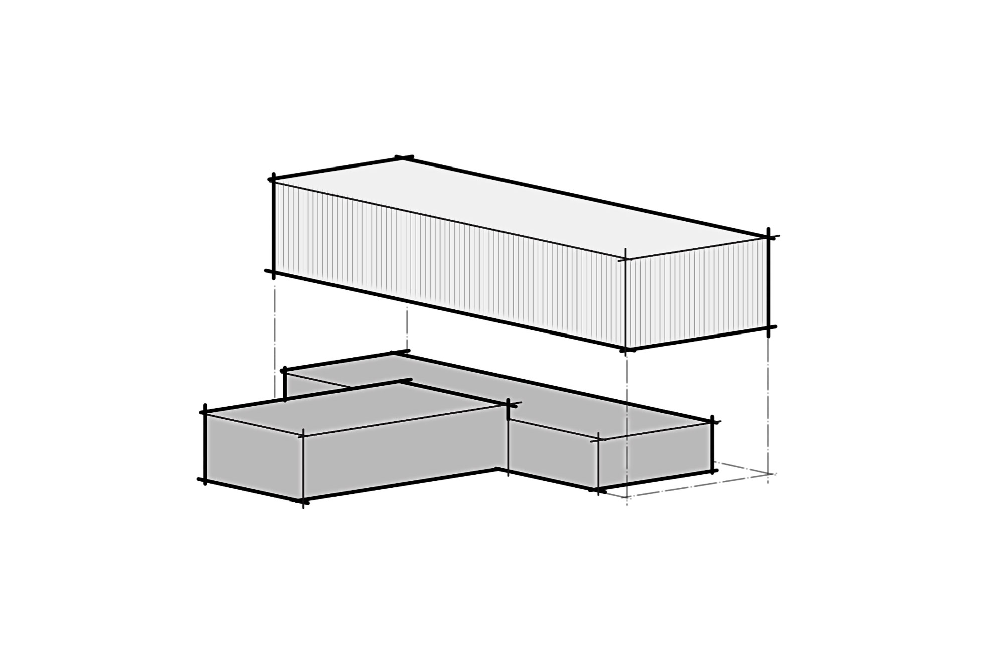 Exploded massing study sketch of a T-shaped house showing two different colors