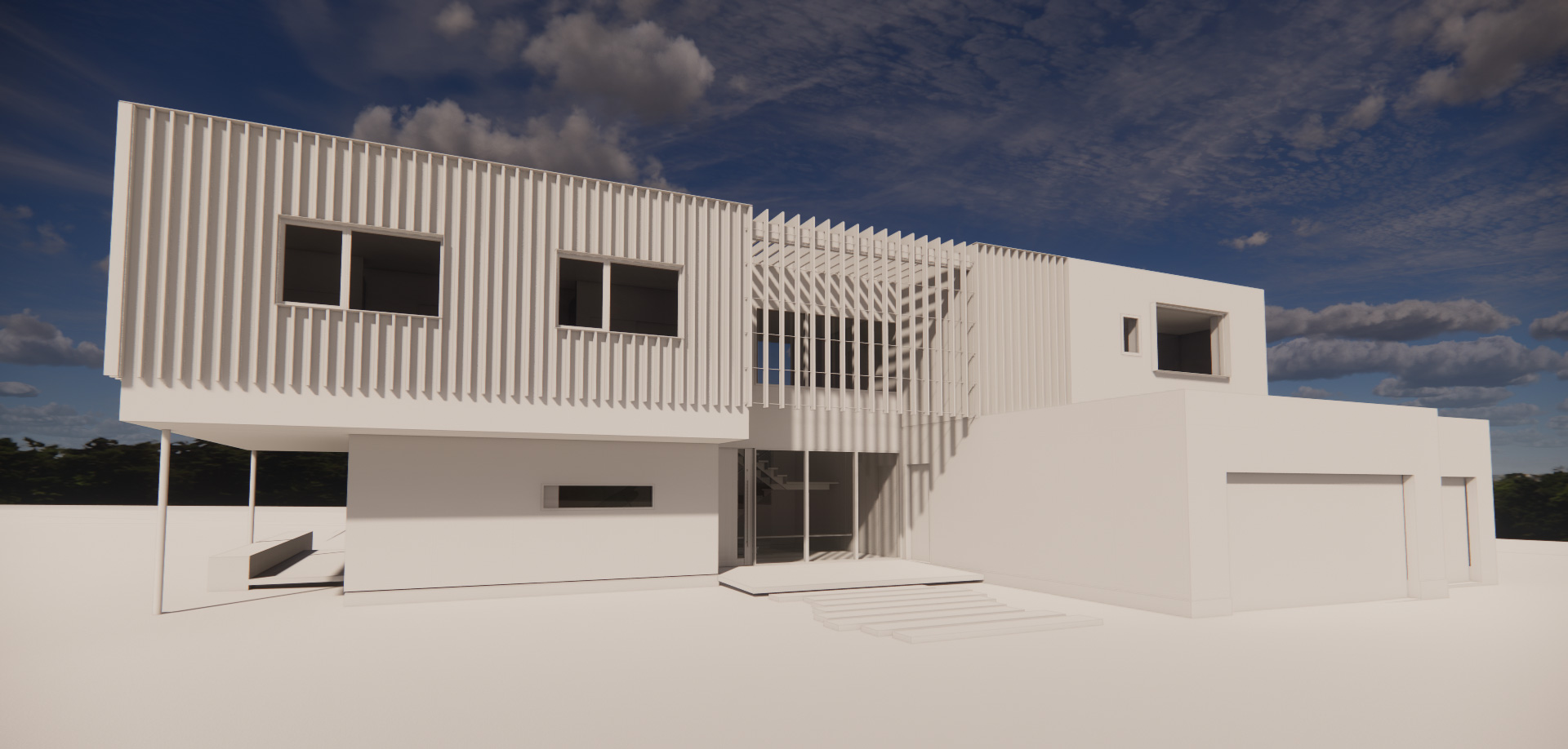 The Shimla House – White massing model White massing study of a modern house with a vertical slats